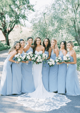 Astrid | Chic Sheath Stretch Modest Light Blue Satin Maxi Bridesmaid Dress with Halter and Backless - Price #price_variant_lowest# - Light Blue - PromDressClub
